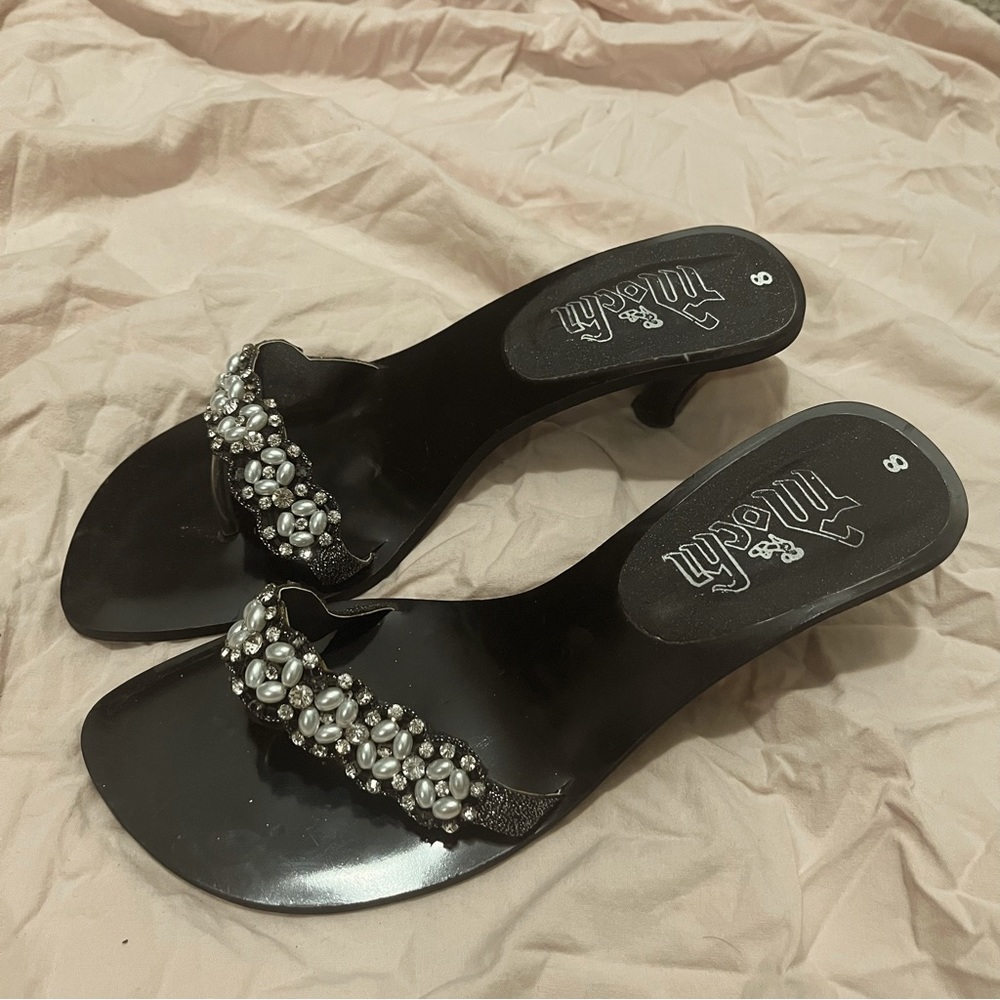 Mochi Open Toe Slip On Heeled Thong Sandal, Silver Beads On Straps